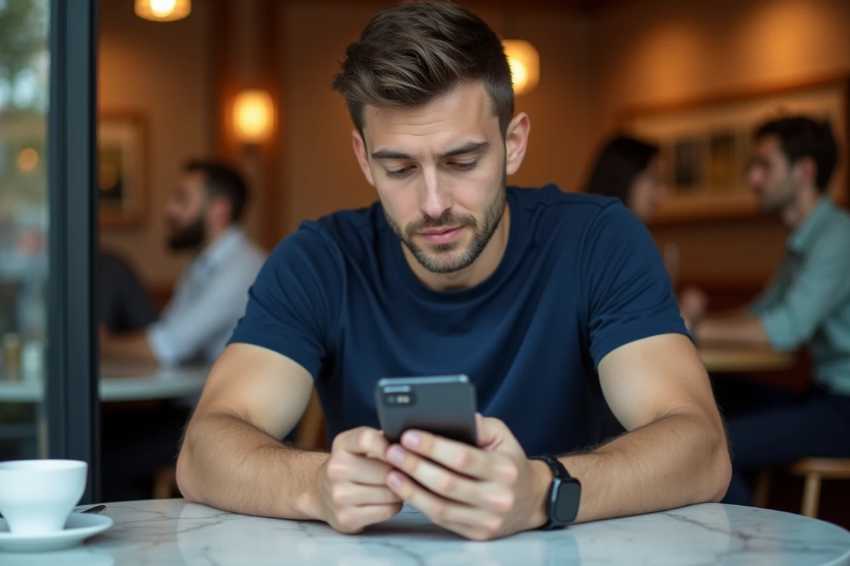 Homme vérifiant ses virements bancaires Nickel sur mobile dans un café urbain