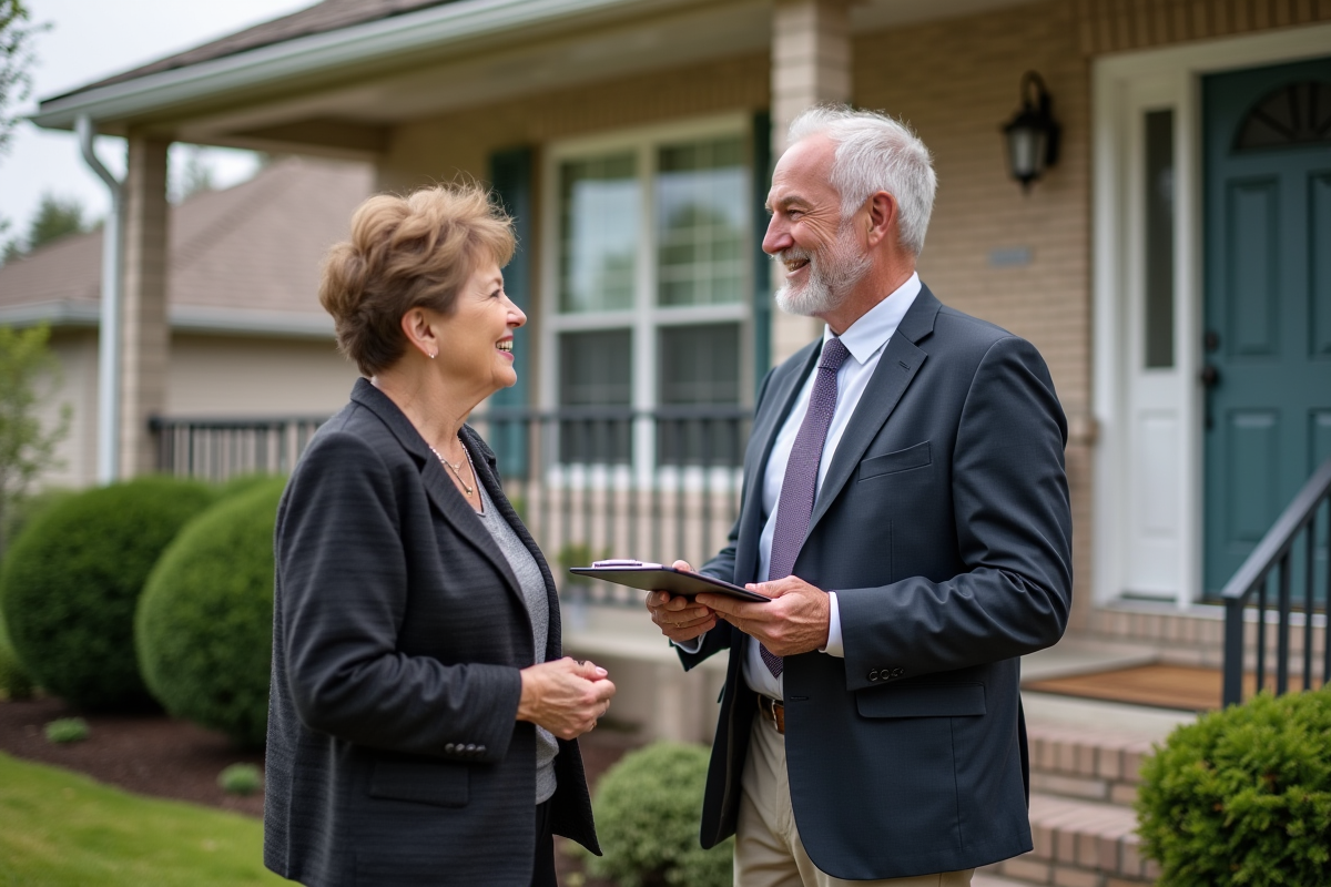 Homme professionnel souriant avec une femme âgée devant une maison