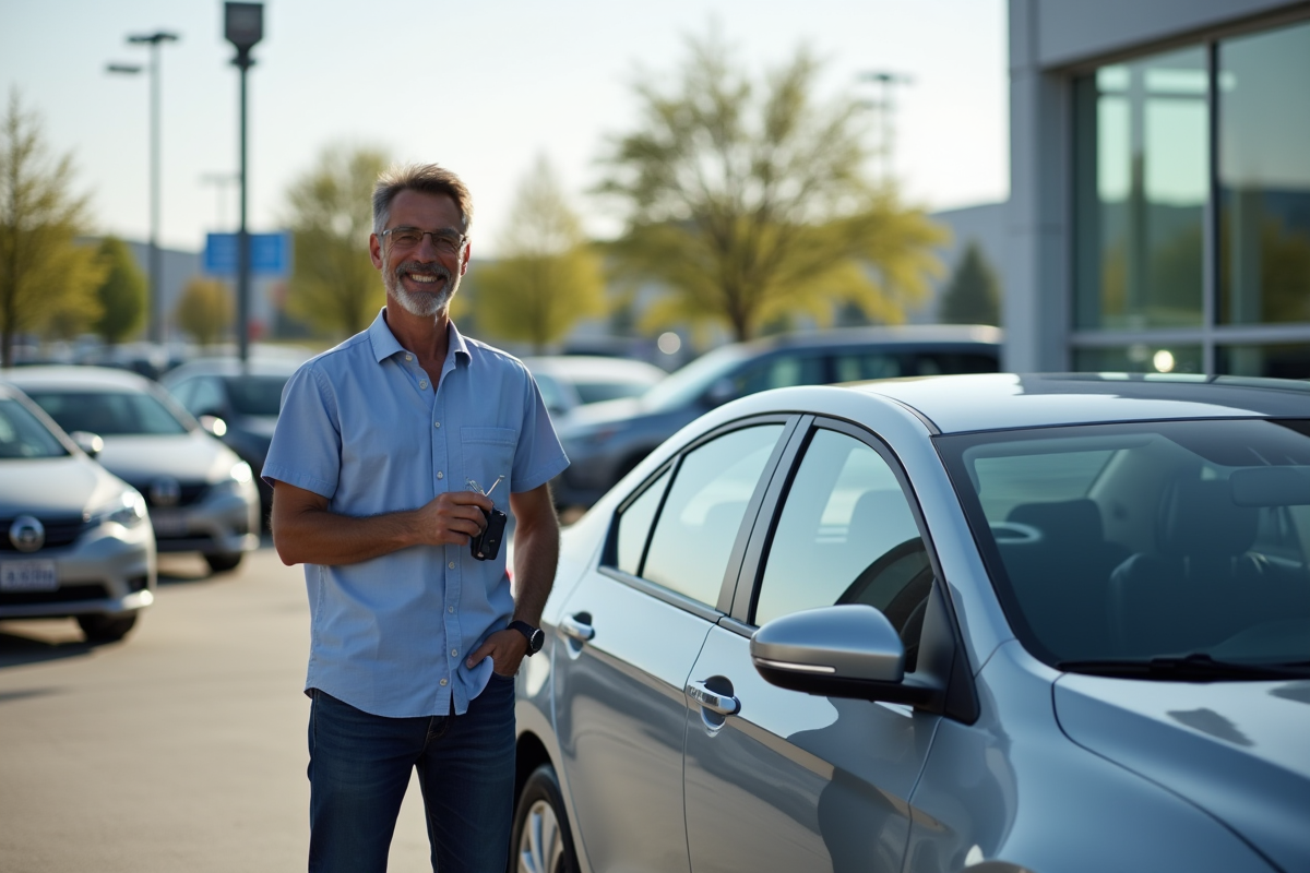 Homme satisfait avec sa nouvelle voiture dans un parking extérieur