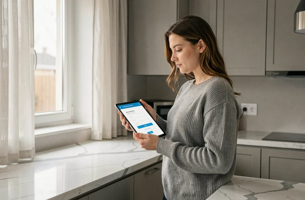 Jeune femme remplissant un formulaire d'inscription à l'espace client Caisse d'Epargne sur une tablette dans la cuisine