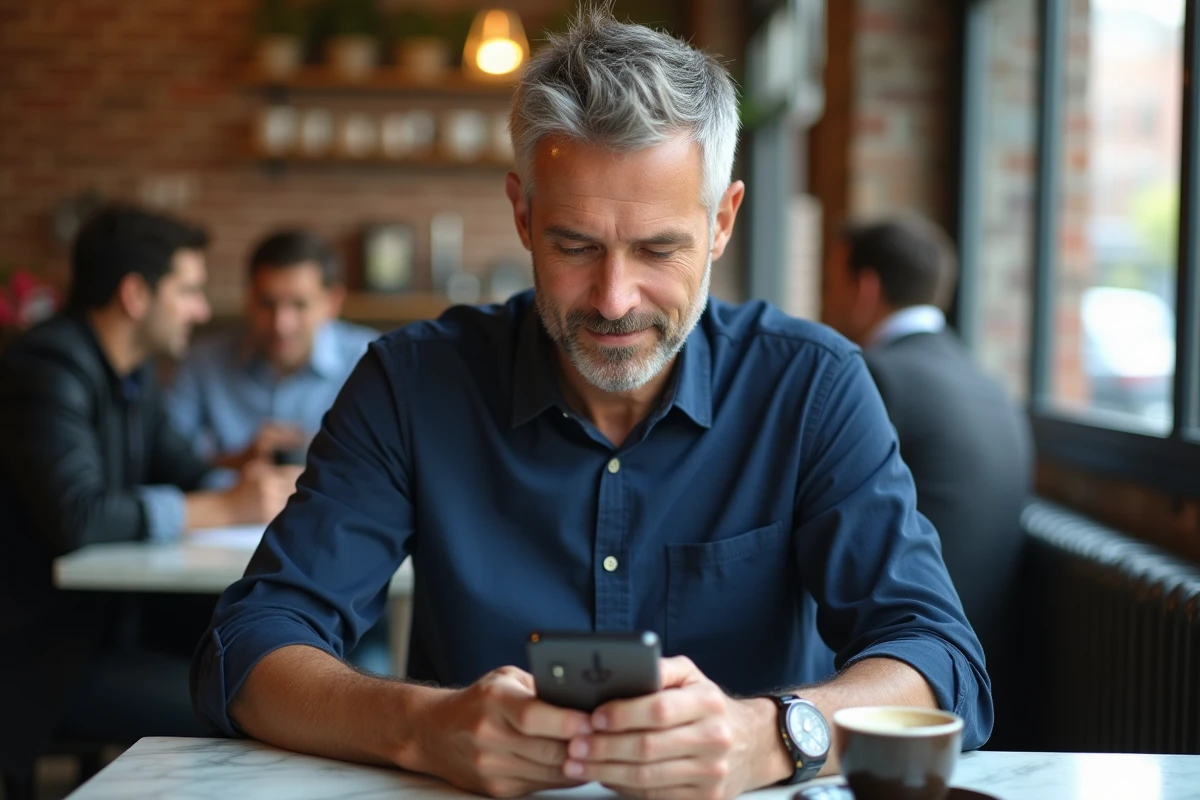 Homme utilisant son smartphone pour créer un espace client Merci Victor dans un café