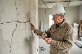Inspecteur en bâtiment examinant une fissure murale lors d'un sinistre couvert par la garantie décennale