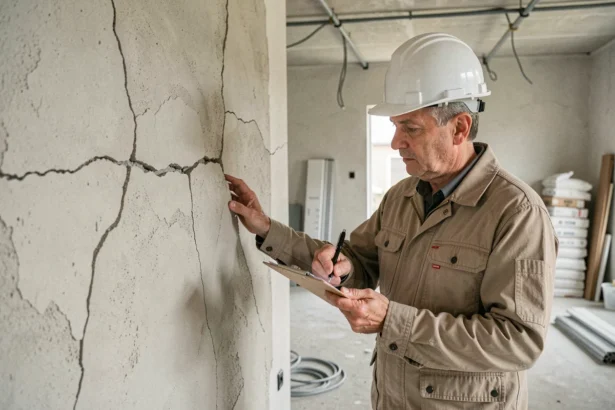 Inspecteur en bâtiment examinant une fissure murale lors d'un sinistre couvert par la garantie décennale