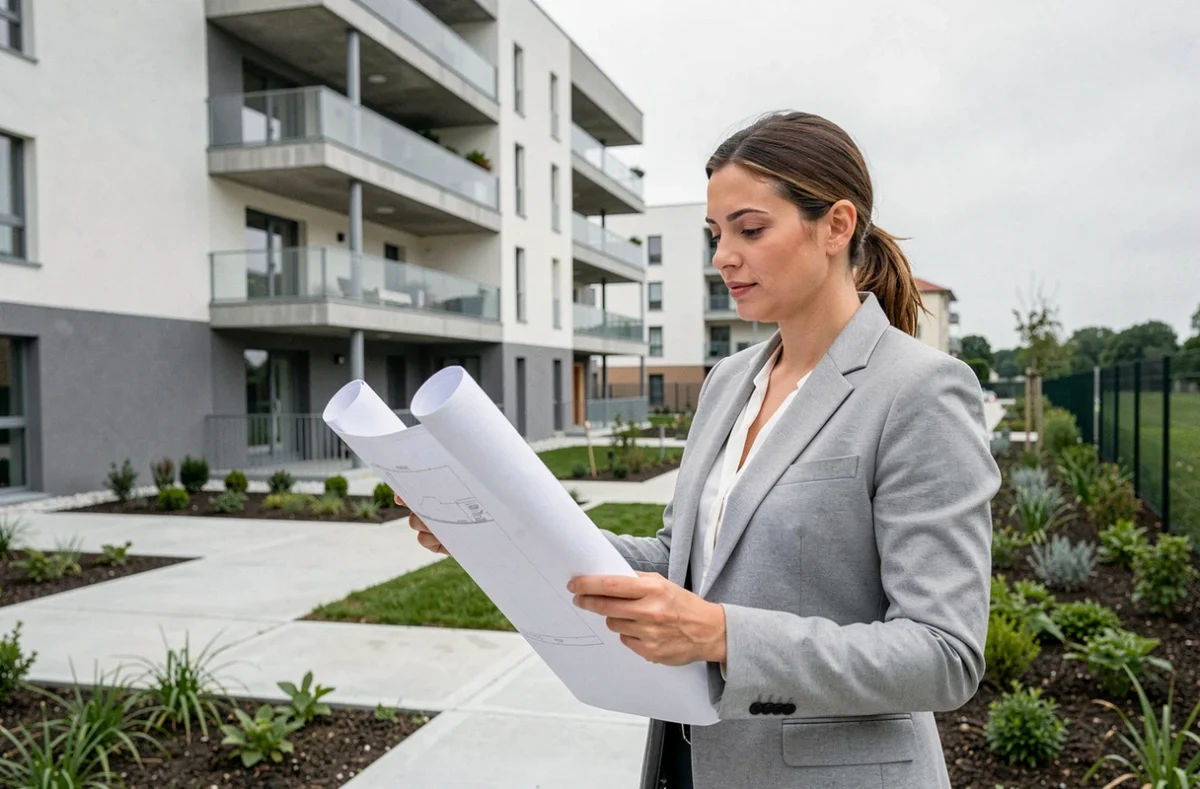 Programme immobilier neuf Interconstruction en Seine-et-Marne avec une conseillère présentant les plans