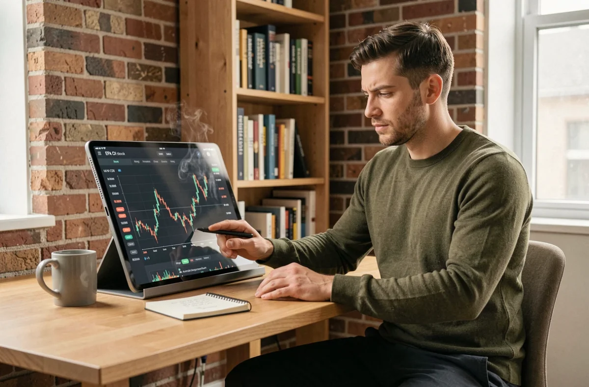 Jeune investisseur analysant un graphique EPA CDI sur tablette dans un bureau à domicile minimaliste