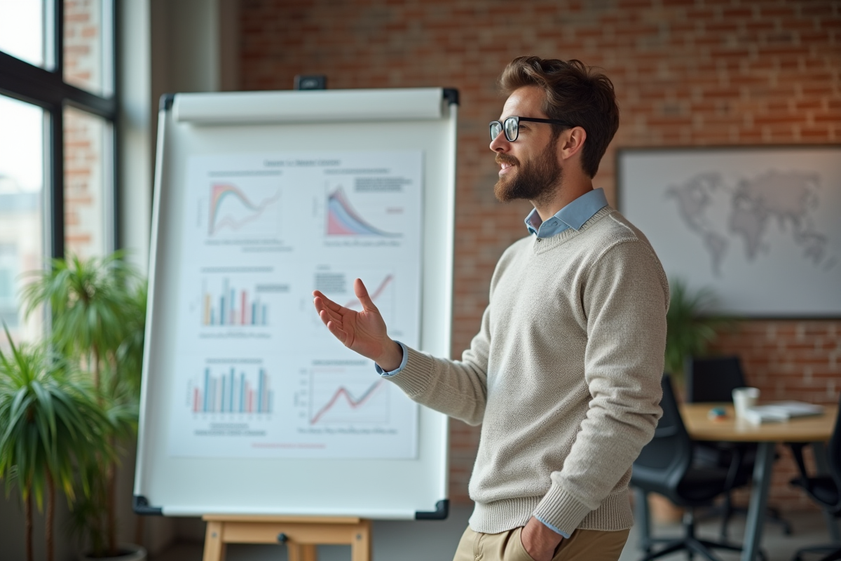 Jeune entrepreneur en discussion devant un tableau blanc avec graphiques