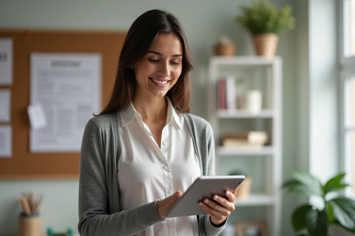 Jeune femme utilisant une tablette pour simuler un salaire