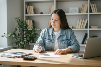 Jeune femme étudiant un document de pret auto dans un appartement lumineux