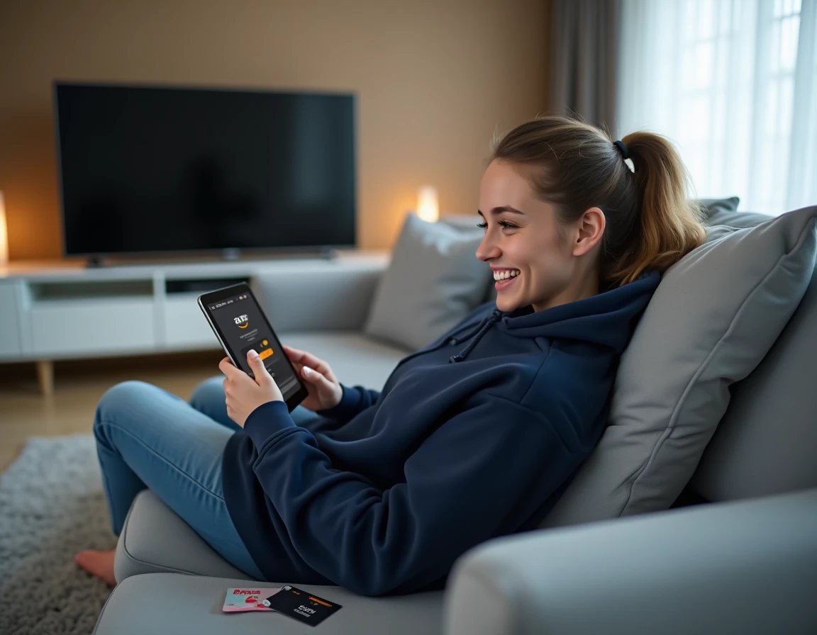 Jeune femme convertissant son chèque Cadhoc sur Amazon depuis une tablette dans son salon