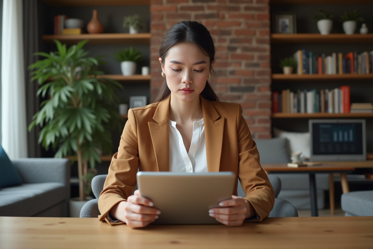 Jeune femme analysant un rapport immobilier à la maison