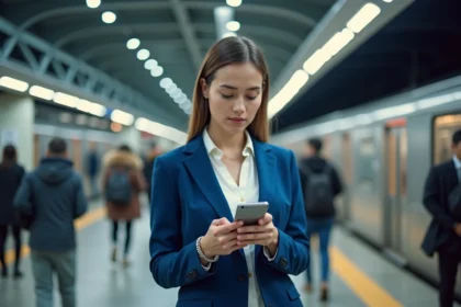 Jeune femme en blazer bleu sur plateforme de train