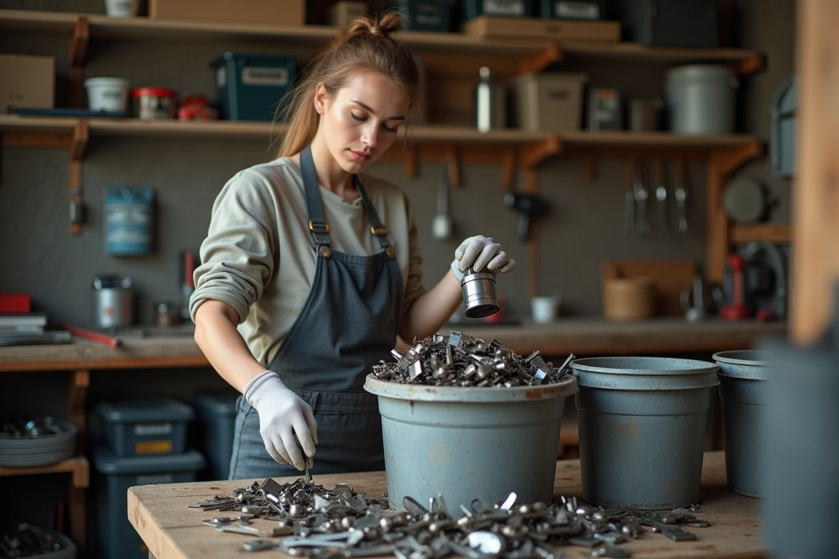 Jeune femme triant des métaux dans un garage organisé