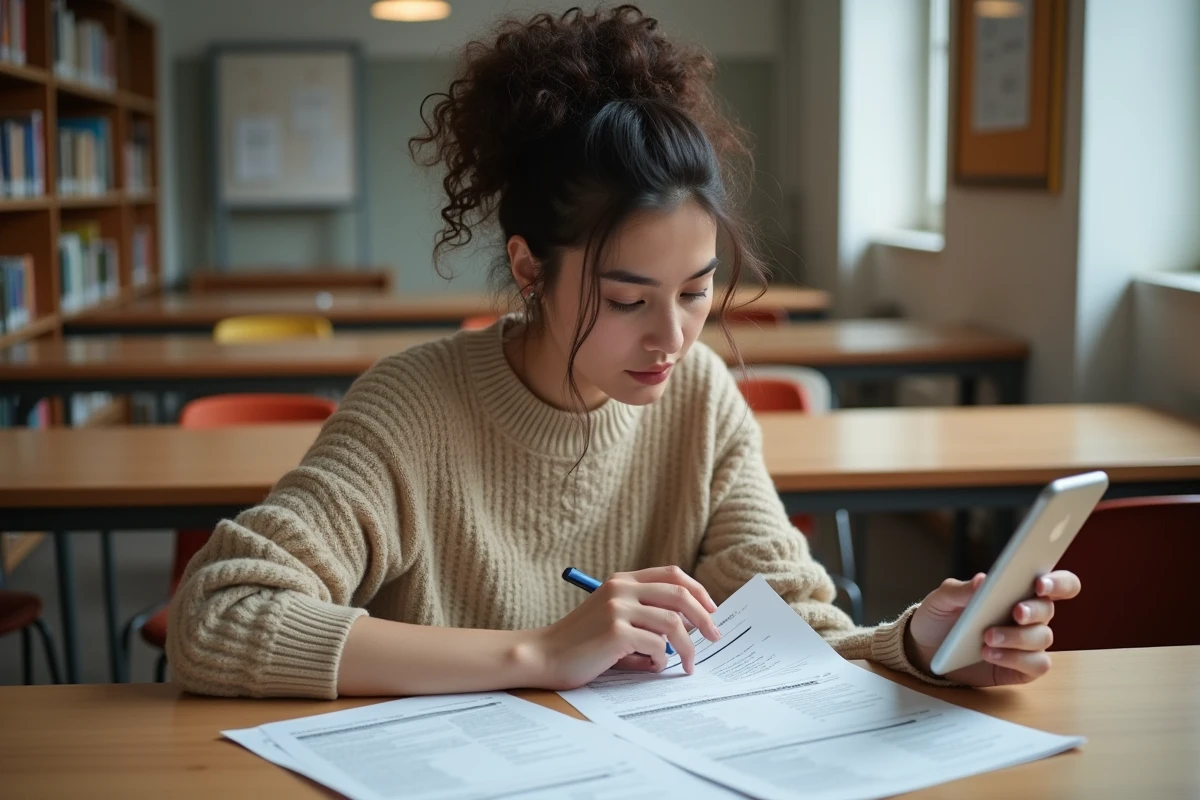Jeune femme vérifiant des documents fiscaux à la bibliothèque
