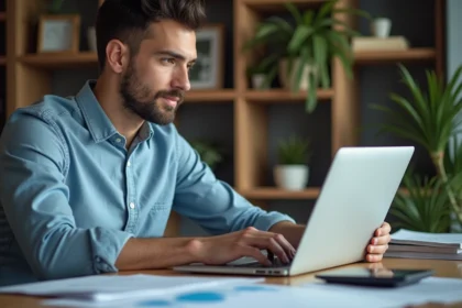 Jeune freelancer homme travaillant sur un ordinateur dans un bureau moderne