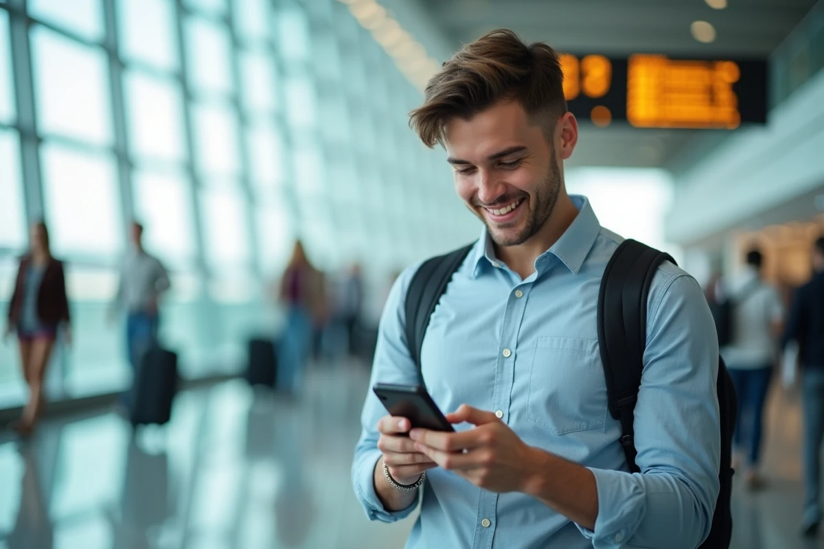 Jeune homme dans un aéroport regardant son téléphone avec sourire