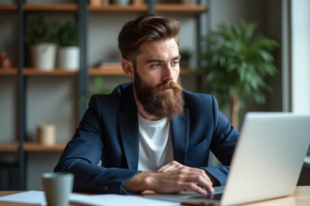 Jeune homme en blazer travaillant sur son ordinateur dans un bureau