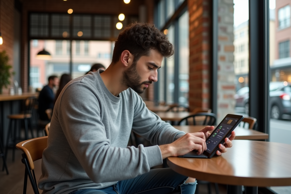 Jeune homme consultant une application crypto dans un café urbain
