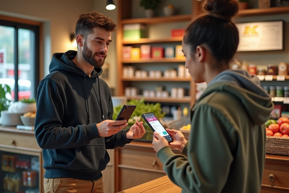 Jeune homme utilisant sa carte digitale en épicerie