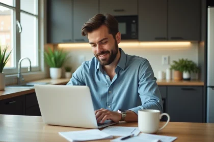 Jeune homme assis à la cuisine avec son ordinateur portable