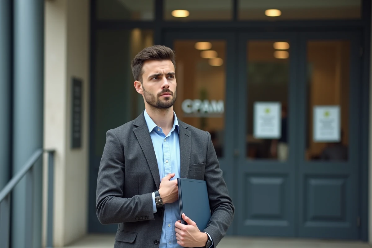 Jeune homme devant un bâtiment administratif français