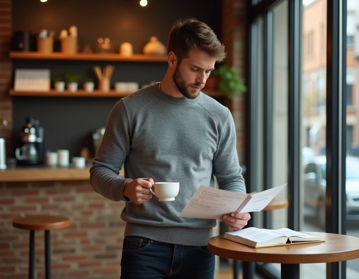 Jeune homme analysant sa fiche de paie et son budget dans un café urbain, réflexion sur le salaire en début de carrière