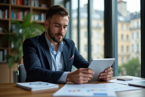 Jeune homme d'affaires à Paris en costume bleu