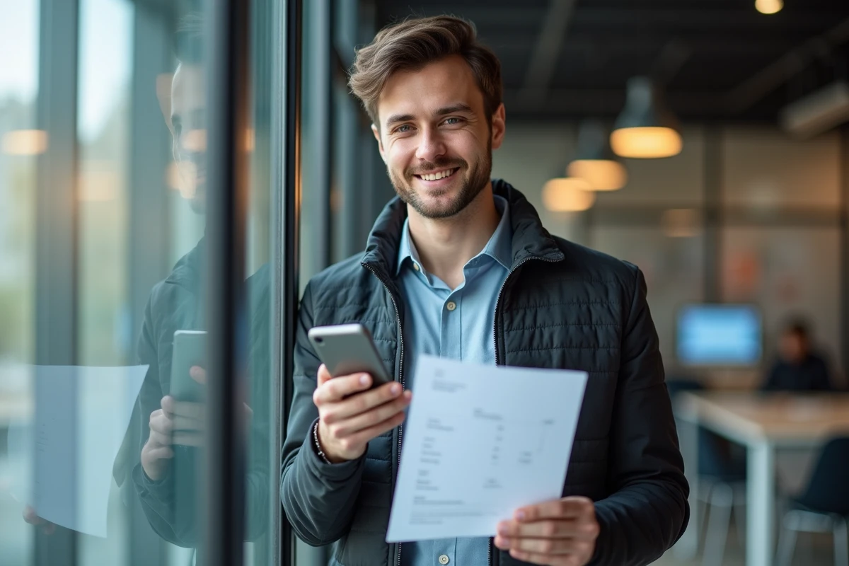 Jeune homme français vérifie sa fiche de paie avec son smartphone