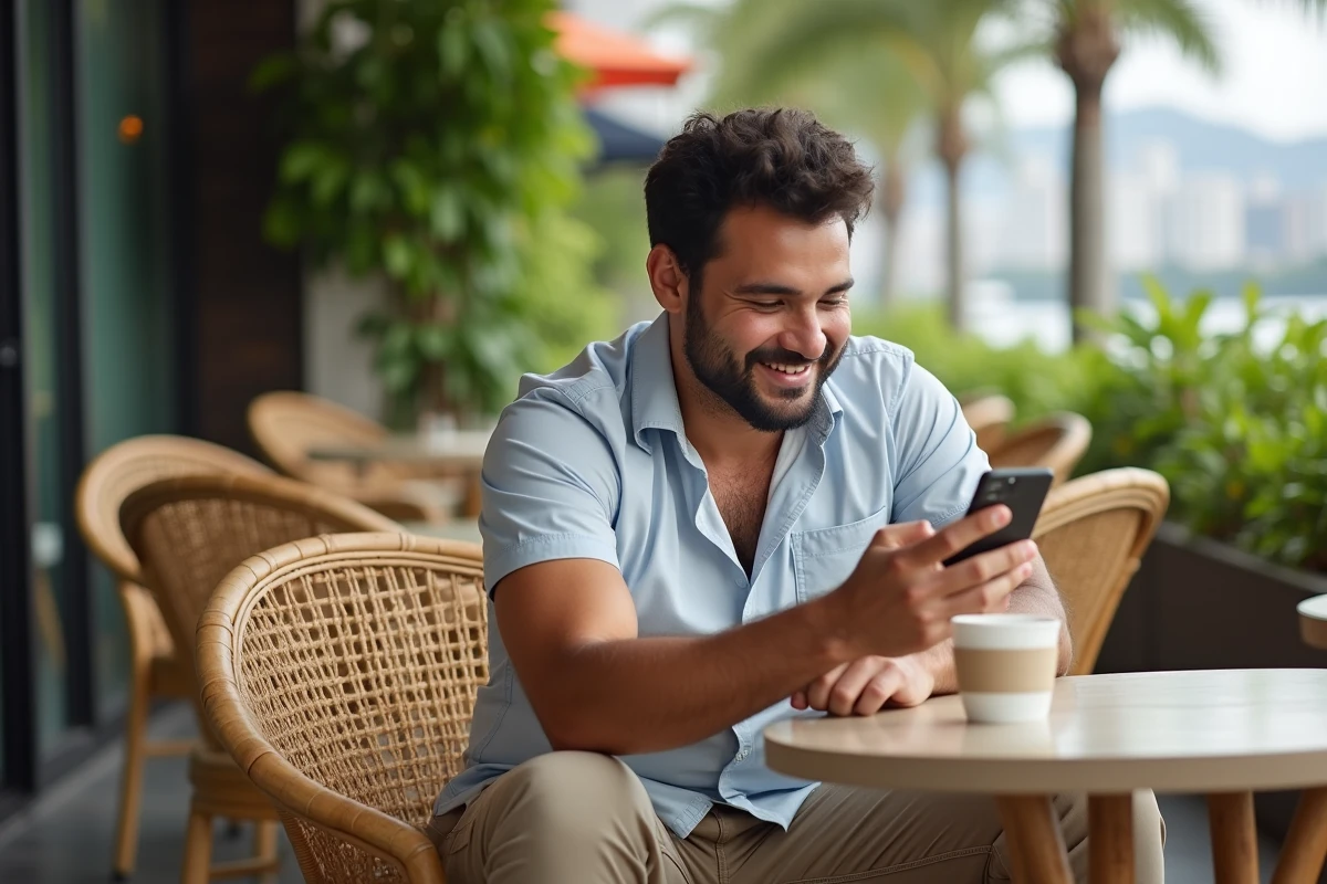 Jeune homme polynesien utilise son smartphone en extérieur