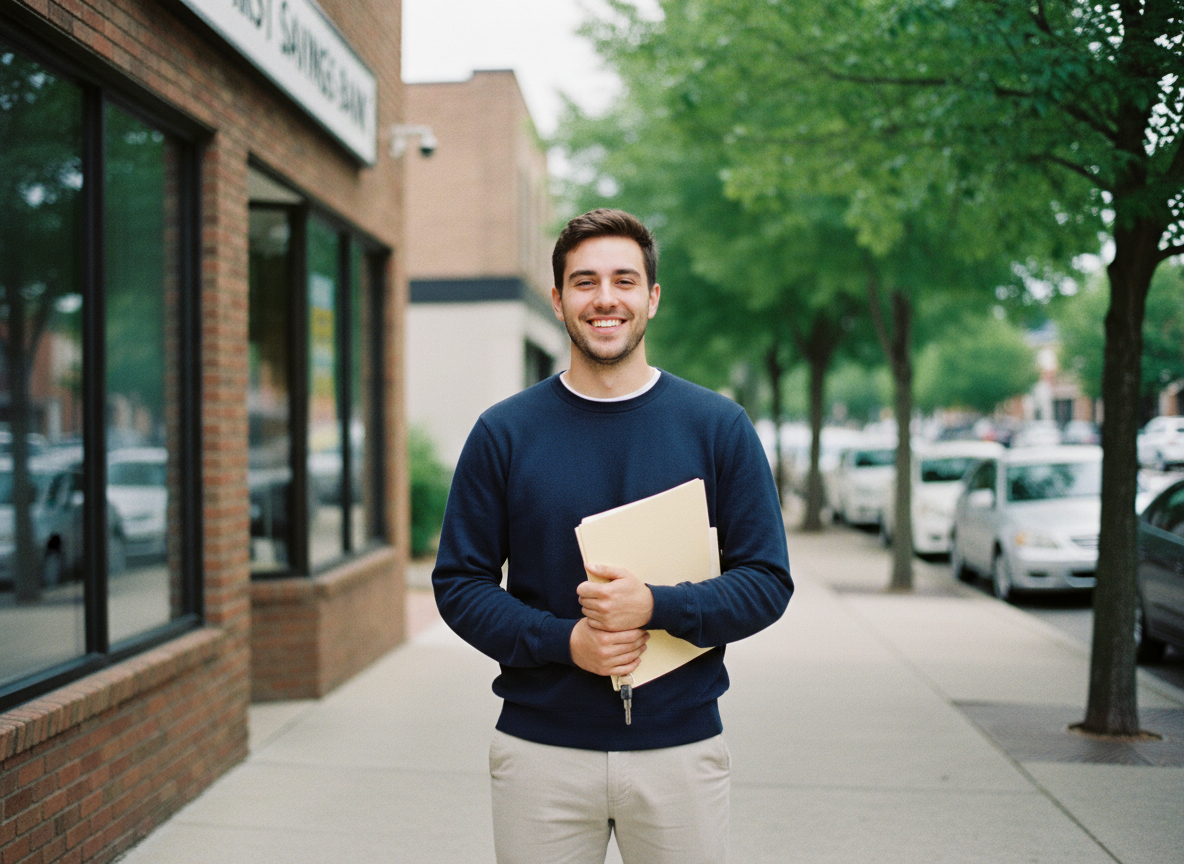 Jeune homme souriant avec ses clés de voiture devant une banque urbaine