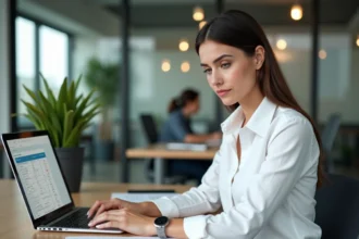 Jeune femme professionnelle en début de carrière consultant un tableau de salaire sur son ordinateur portable dans un bureau moderne