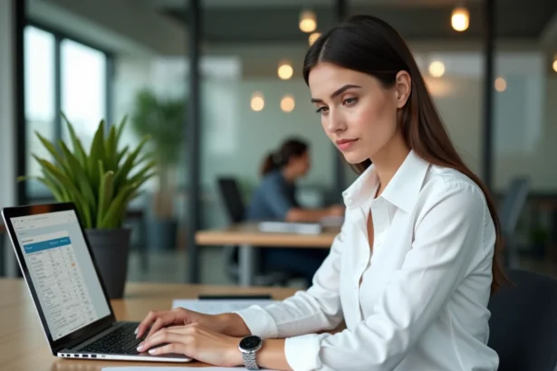 Jeune femme professionnelle en début de carrière consultant un tableau de salaire sur son ordinateur portable dans un bureau moderne