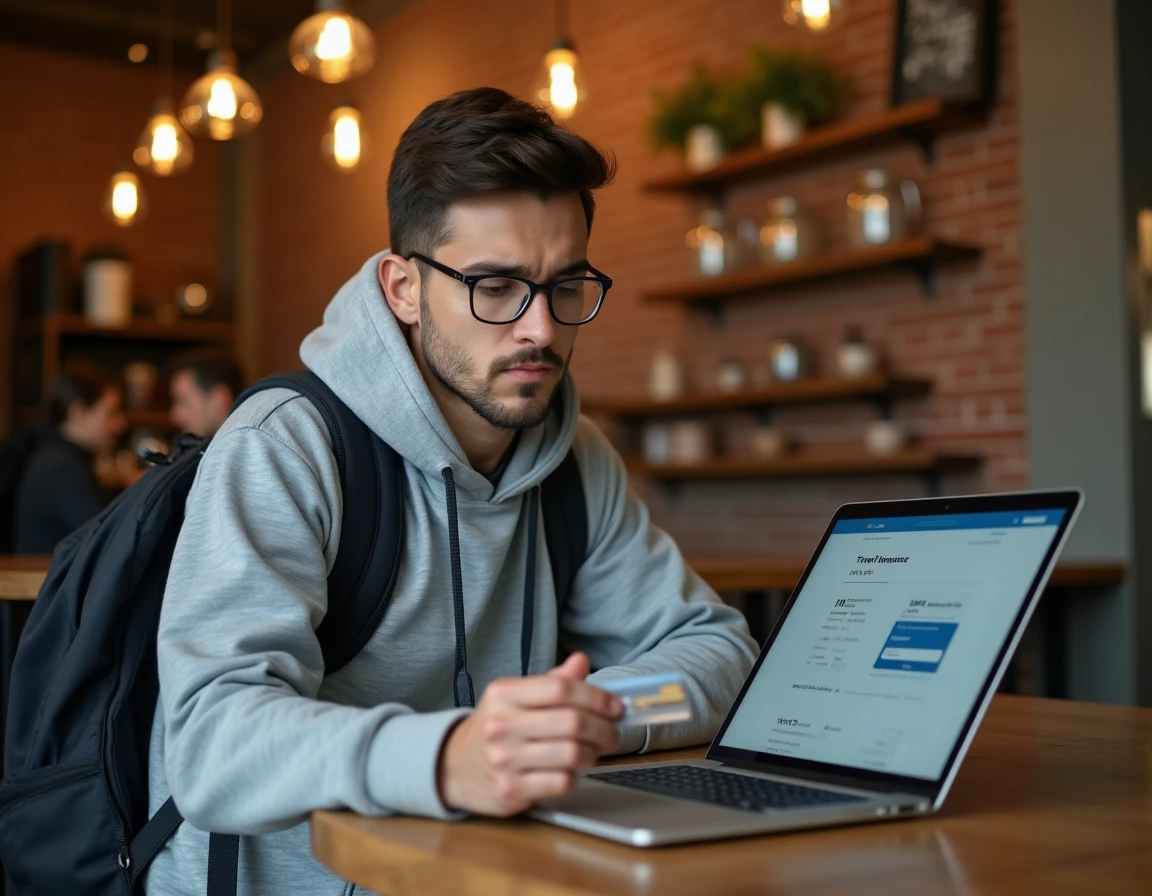 Jeune voyageur comparant des assurances voyage en ligne dans un café américain