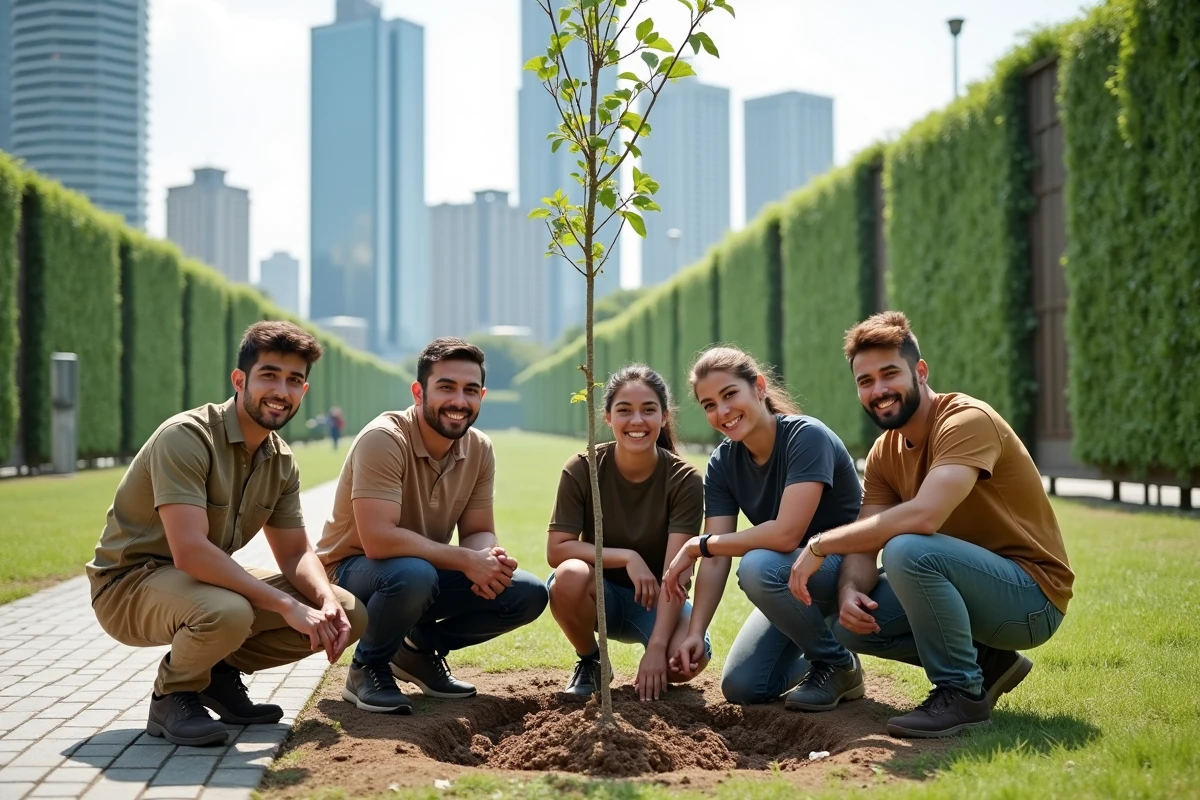 Jeunes ingénieurs plantant un arbre dans un parc urbain avec gratte-ciel