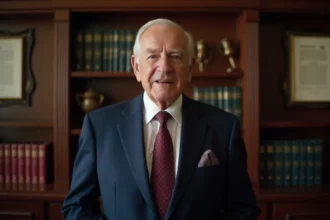 Portrait d'un homme politique américain âgé en costume marine dans un bureau institutionnel en bois, évoquant le patrimoine et la richesse d'un ancien président