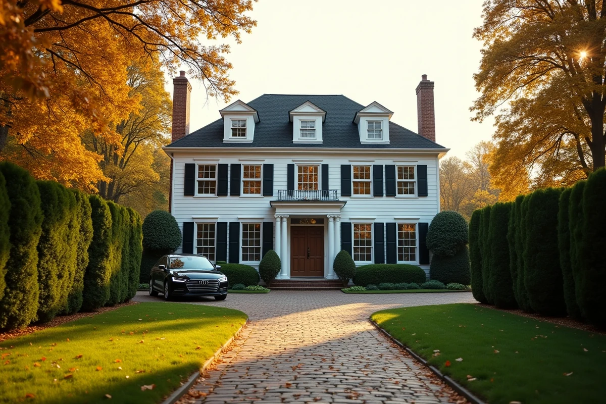 Vue extérieure d'une propriété résidentielle de luxe de style colonial américain en automne, illustrant le patrimoine immobilier d'un ancien président américain