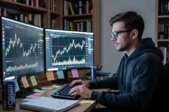 Joueur concentré analysant des graphiques boursiers GTA 5 sur plusieurs écrans dans un bureau gaming sombre