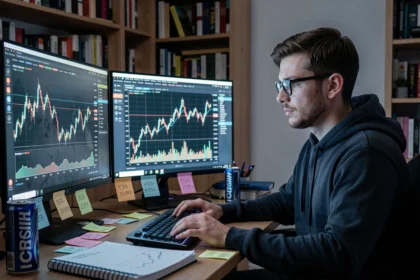 Joueur concentré analysant des graphiques boursiers GTA 5 sur plusieurs écrans dans un bureau gaming sombre