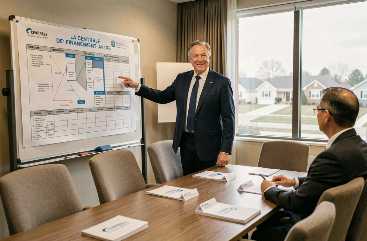 Conseiller La Centrale de Financement présentant un plan de financement immobilier à des investisseurs