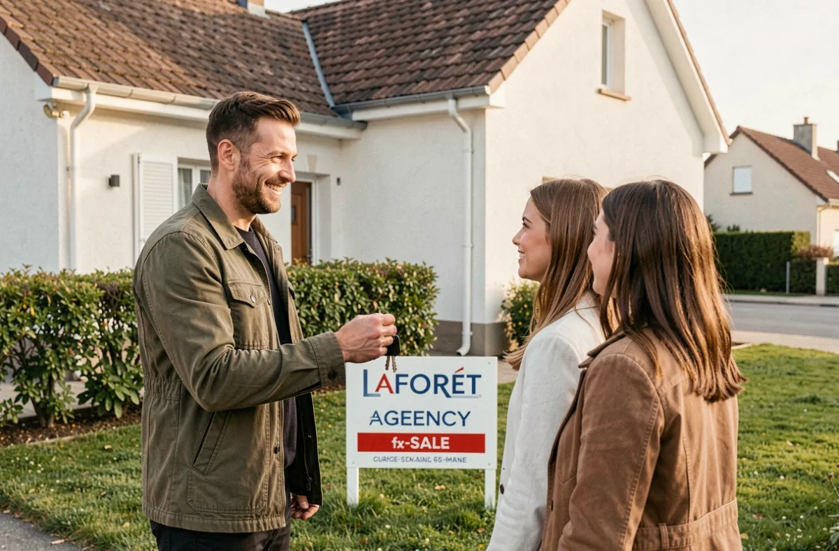 Agent Laforêt présentant un bien immobilier à des acquéreurs en Seine-et-Marne