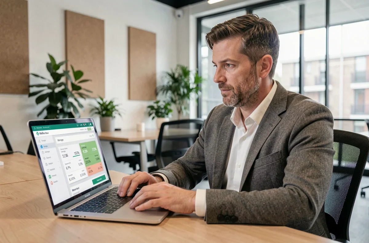 Conseiller Meilleurtaux analysant des taux de prêt immobilier sur un tableau de bord numérique