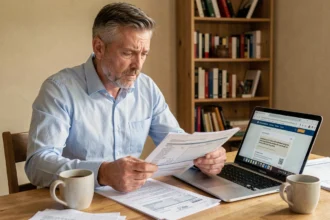 Homme examinant ses documents fiscaux fonciers après un achat immobilier récent à son bureau à domicile
