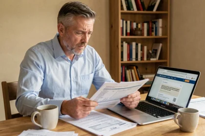 Homme examinant ses documents fiscaux fonciers après un achat immobilier récent à son bureau à domicile
