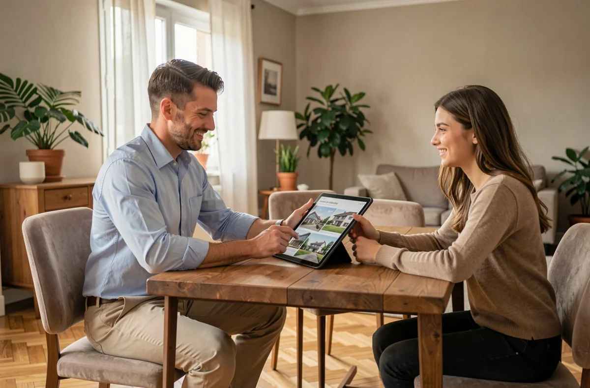 Conseiller Optimhome en réunion avec des investisseurs dans une maison en Seine-et-Marne