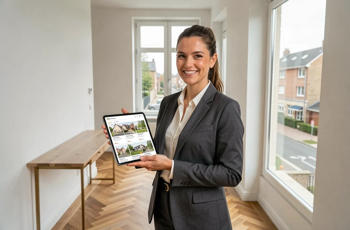Agente OptimHome Seine-Saint-Denis présentant un appartement rénové à un potentiel investisseur locatif