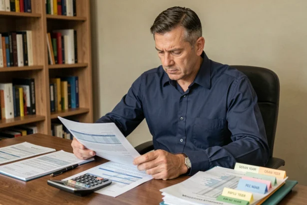 Homme d'affaires consultant ses documents fiscaux pour optimiser ses impôts sur le revenu soumis au barème