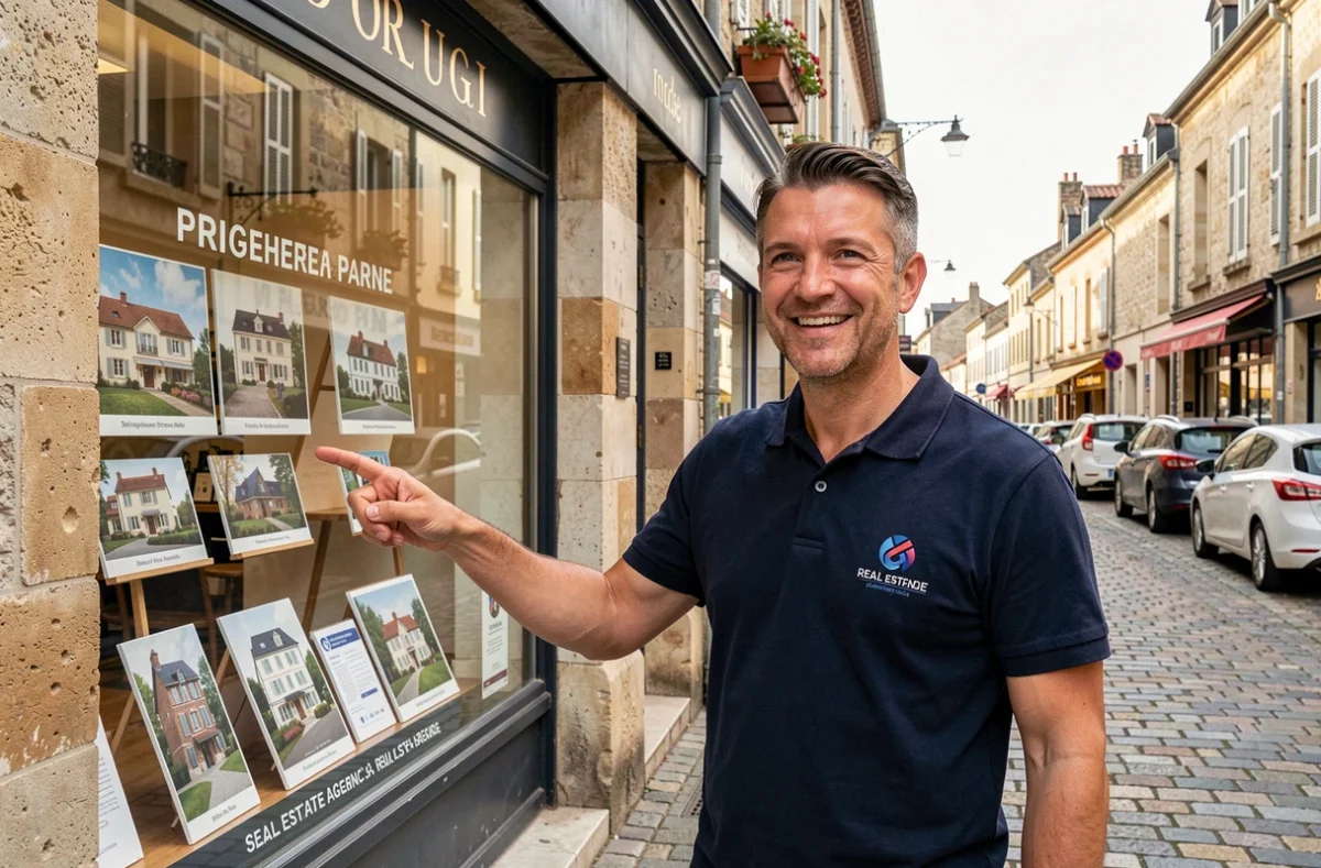 Conseiller Orpi devant une agence immobilière de proximité dans une ville de Seine-et-Marne