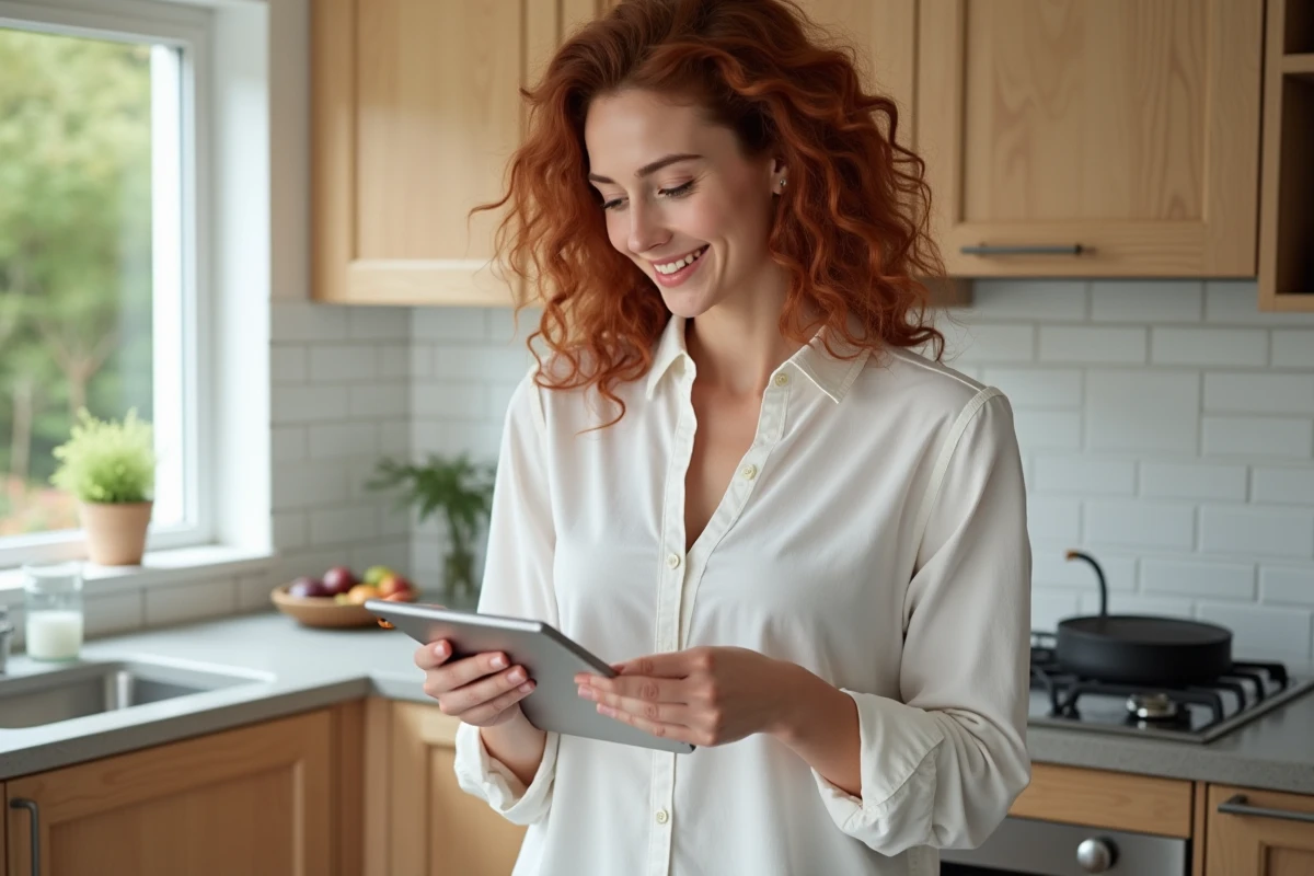 Jeune femme créant son compte Merci Victor sur une tablette dans une cuisine moderne
