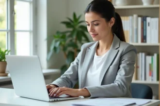 Femme effectuant un paiement en ligne sur un ordinateur portable lors d'un achat sur un site e-commerce