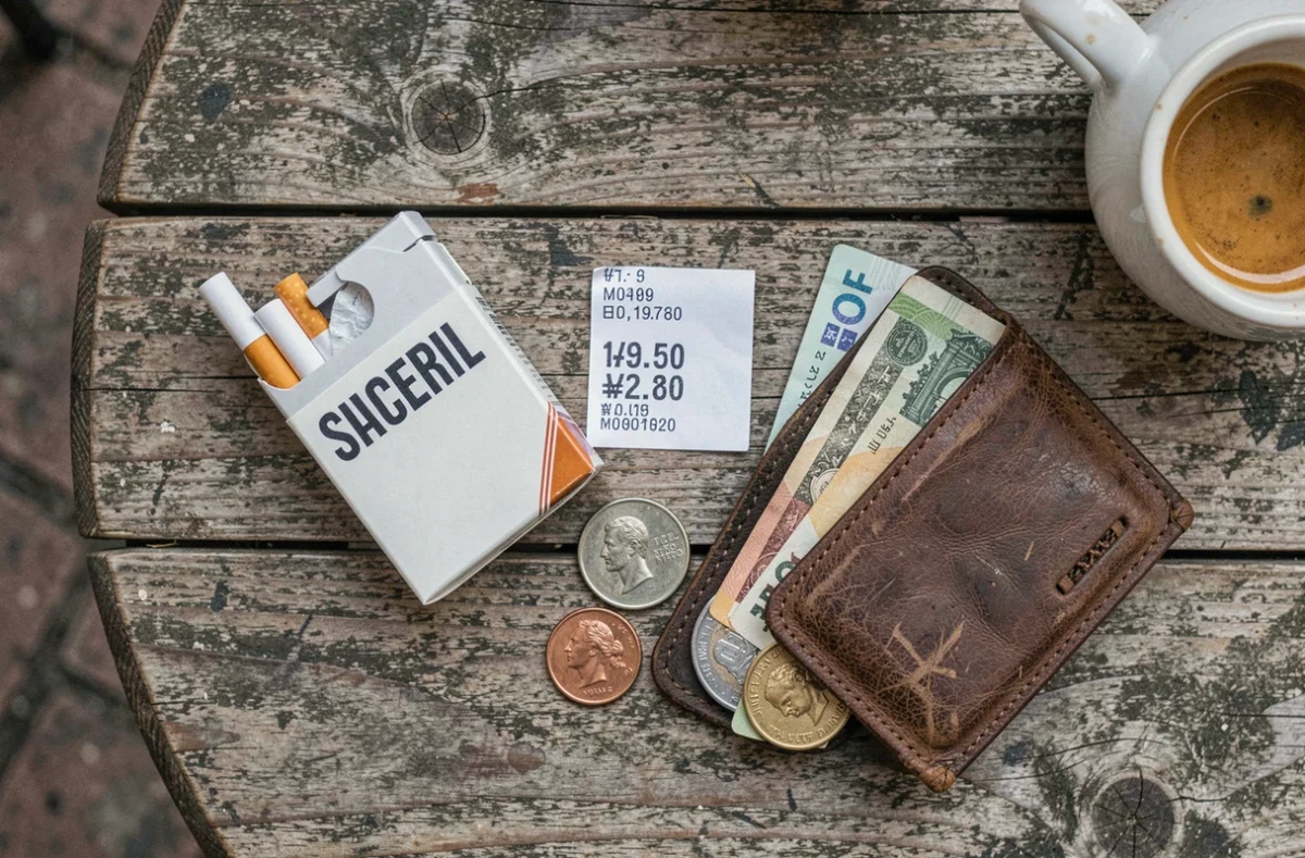 Vue aérienne d'un paquet de cigarettes, d'un portefeuille et d'un reçu avec prix en euros sur une table de café espagnole, symbolisant le budget tabac et les nouvelles taxes