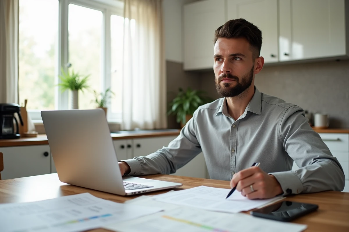 Parent remplissant les formulaires administratifs pour clôturer un Livret A mineur depuis son domicile